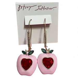 BETSEY JOHNSON Back to School Pink Apple with Red Crystals Drop Earrings NEW NWT